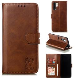 Embossing Happy Cat Leather Wallet Case for Huawei P30 Pro - Brown