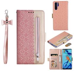 Luxury Lace Zipper Stitching Leather Phone Wallet Case for Huawei P30 Pro - Pink