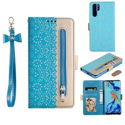 Luxury Lace Zipper Stitching Leather Phone Wallet Case for Huawei P30 Pro - Blue