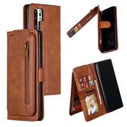 Multifunction 9 Cards Leather Zipper Wallet Phone Case for Huawei P30 Pro - Brown