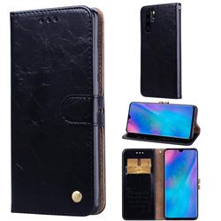 Luxury Retro Oil Wax PU Leather Wallet Phone Case for Huawei P30 Pro - Deep Black