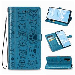 Embossing Dog Paw Kitten and Puppy Leather Wallet Case for Huawei P30 Pro - Blue
