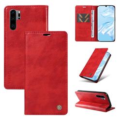 YIKATU Litchi Card Magnetic Automatic Suction Leather Flip Cover for Huawei P30 Pro - Bright Red