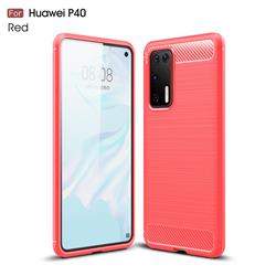 Luxury Carbon Fiber Brushed Wire Drawing Silicone TPU Back Cover for Huawei P40 - Red
