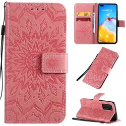 Embossing Sunflower Leather Wallet Case for Huawei P40 - Pink