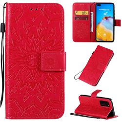 Embossing Sunflower Leather Wallet Case for Huawei P40 - Red