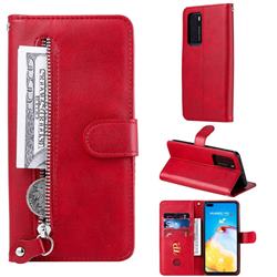 Retro Luxury Zipper Leather Phone Wallet Case for Huawei P40 - Red