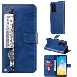 Retro Luxury Zipper Leather Phone Wallet Case for Huawei P40 - Blue