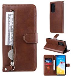 Retro Luxury Zipper Leather Phone Wallet Case for Huawei P40 - Brown
