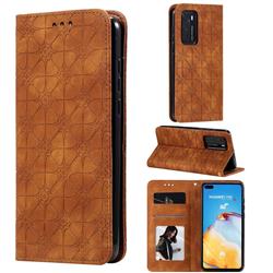 Intricate Embossing Four Leaf Clover Leather Wallet Case for Huawei P40 - Yellowish Brown