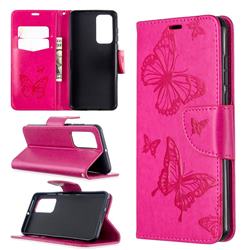 Embossing Double Butterfly Leather Wallet Case for Huawei P40 - Red