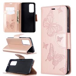 Embossing Double Butterfly Leather Wallet Case for Huawei P40 - Rose Gold