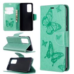 Embossing Double Butterfly Leather Wallet Case for Huawei P40 - Green
