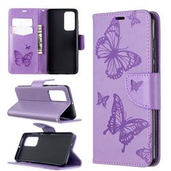 Embossing Double Butterfly Leather Wallet Case for Huawei P40 - Purple