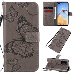 Embossing 3D Butterfly Leather Wallet Case for Huawei P40 - Gray