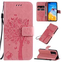 Embossing Butterfly Tree Leather Wallet Case for Huawei P40 - Pink