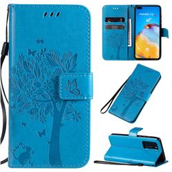 Embossing Butterfly Tree Leather Wallet Case for Huawei P40 - Blue