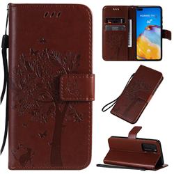 Embossing Butterfly Tree Leather Wallet Case for Huawei P40 - Coffee
