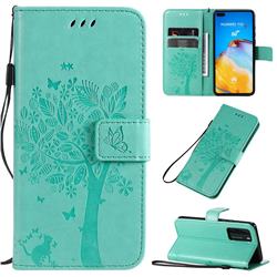 Embossing Butterfly Tree Leather Wallet Case for Huawei P40 - Cyan