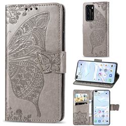 Embossing Mandala Flower Butterfly Leather Wallet Case for Huawei P40 - Gray