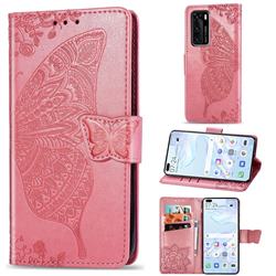 Embossing Mandala Flower Butterfly Leather Wallet Case for Huawei P40 - Pink