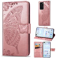 Embossing Mandala Flower Butterfly Leather Wallet Case for Huawei P40 - Rose Gold