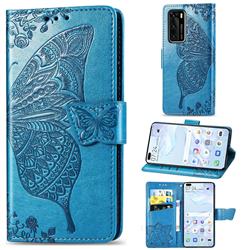 Embossing Mandala Flower Butterfly Leather Wallet Case for Huawei P40 - Blue