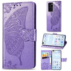 Embossing Mandala Flower Butterfly Leather Wallet Case for Huawei P40 - Light Purple