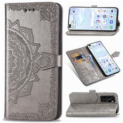 Embossing Imprint Mandala Flower Leather Wallet Case for Huawei P40 - Gray