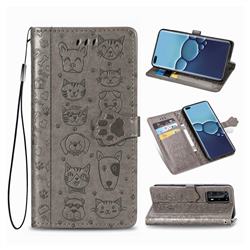 Embossing Dog Paw Kitten and Puppy Leather Wallet Case for Huawei P40 - Gray