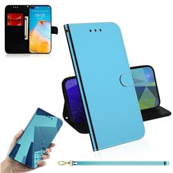Shining Mirror Like Surface Leather Wallet Case for Huawei P40 - Blue