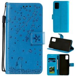 Embossing Cherry Blossom Cat Leather Wallet Case for Huawei P40 - Blue