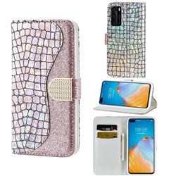 Glitter Diamond Buckle Laser Stitching Leather Wallet Phone Case for Huawei P40 - Pink