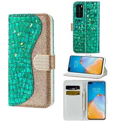 Glitter Diamond Buckle Laser Stitching Leather Wallet Phone Case for Huawei P40 - Green