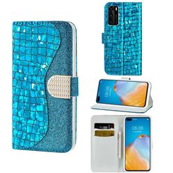 Glitter Diamond Buckle Laser Stitching Leather Wallet Phone Case for Huawei P40 - Blue