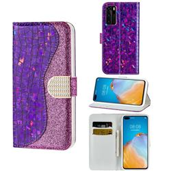 Glitter Diamond Buckle Laser Stitching Leather Wallet Phone Case for Huawei P40 - Purple