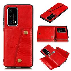 Retro Multifunction Card Slots Stand Leather Coated Phone Back Cover for Huawei P40 - Red