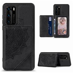 Mandala Flower Cloth Multifunction Stand Card Leather Phone Case for Huawei P40 - Black