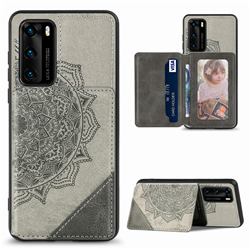 Mandala Flower Cloth Multifunction Stand Card Leather Phone Case for Huawei P40 - Gray