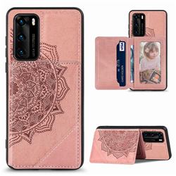 Mandala Flower Cloth Multifunction Stand Card Leather Phone Case for Huawei P40 - Rose Gold