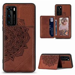 Mandala Flower Cloth Multifunction Stand Card Leather Phone Case for Huawei P40 - Brown