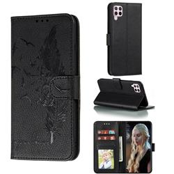 Intricate Embossing Lychee Feather Bird Leather Wallet Case for Huawei P40 Lite - Black