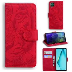 Intricate Embossing Tiger Face Leather Wallet Case for Huawei P40 Lite - Red