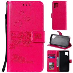 Embossing Owl Couple Flower Leather Wallet Case for Huawei P40 Lite - Red