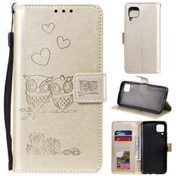 Embossing Owl Couple Flower Leather Wallet Case for Huawei P40 Lite - Golden