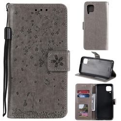 Embossing Cherry Blossom Cat Leather Wallet Case for Huawei P40 Lite - Gray