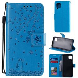 Embossing Cherry Blossom Cat Leather Wallet Case for Huawei P40 Lite - Blue