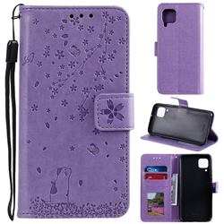 Embossing Cherry Blossom Cat Leather Wallet Case for Huawei P40 Lite - Purple