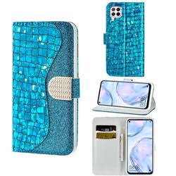 Glitter Diamond Buckle Laser Stitching Leather Wallet Phone Case for Huawei P40 Lite - Blue
