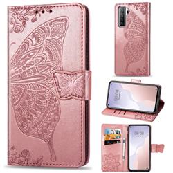 Embossing Mandala Flower Butterfly Leather Wallet Case for Huawei P40 Lite 5G - Rose Gold